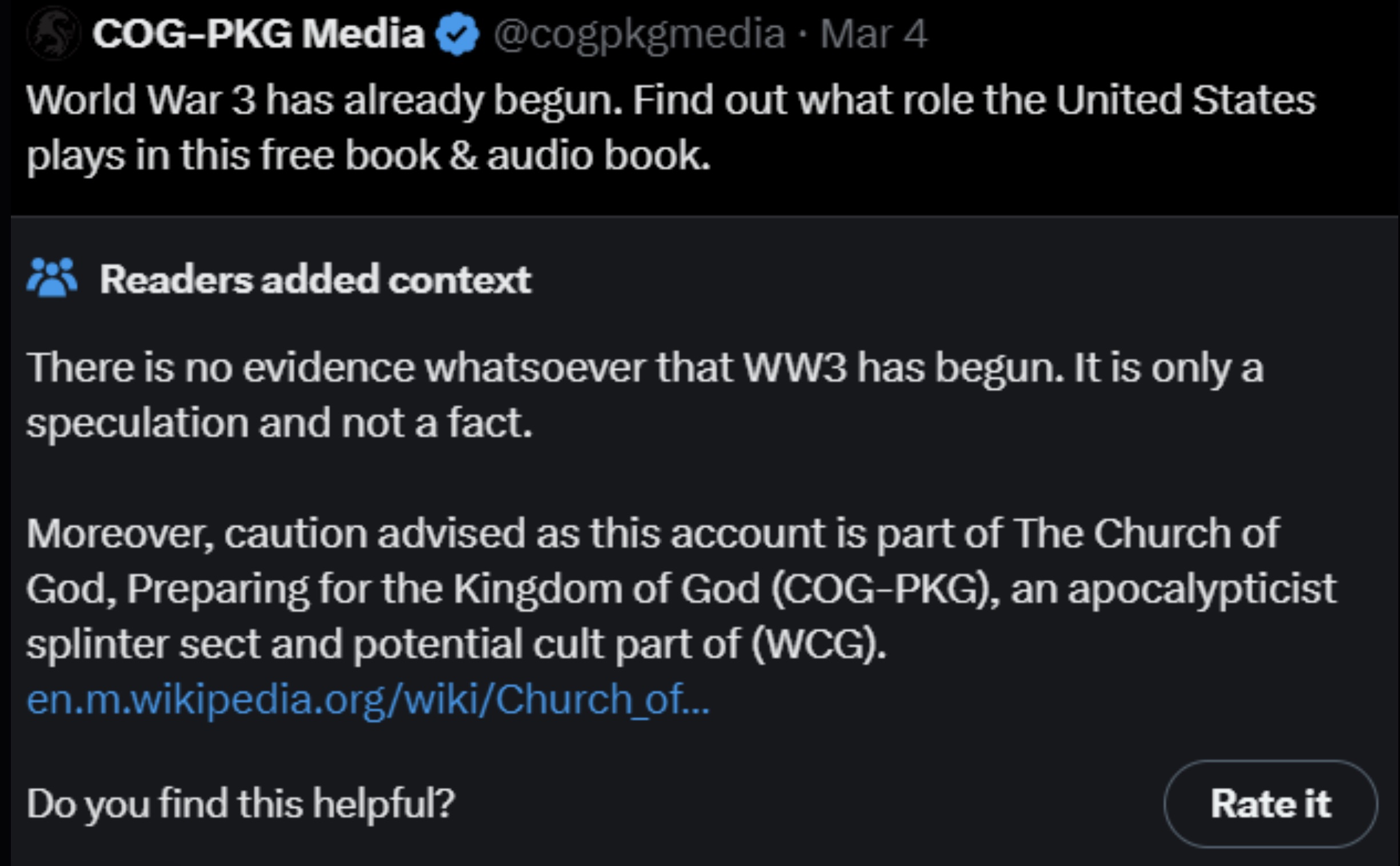 screenshot - CogPkg Media Mar 4 World War 3 has already begun. Find out what role the United States plays in this free book & audio book. Readers added context There is no evidence whatsoever that WW3 has begun. It is only a speculation and not a fact. Mo